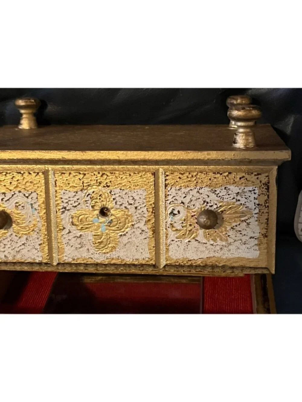 Vintage Florentine Wood Jewelry Box Distressed Needs Knob Fixer As Is 9”x6”